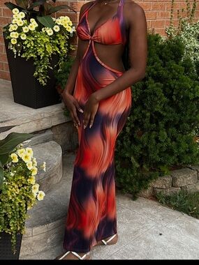 SHEIN Sunset Swirl Cutout Maxi Dress
